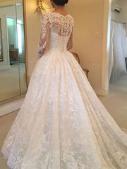 Square Neckline Ball Gown Wedding Dress with Appliques Lace and Sweep Train