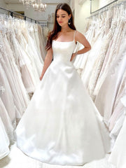 Square Neckline Satin Ball Gown Wedding Dresses With Pockets