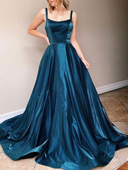 Square Neckline Satin Prom Dress - Ball Gown/Princess Sweep Train