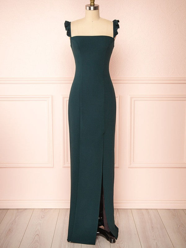 Square Neckline Sheath/Column Crepe Bridesmaid Dress with Split Front and Floor-length Skirt