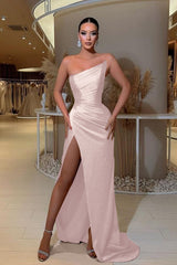 Stain Strapless Sleeveless Simple Column Long Prom Dress With High Split