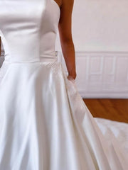 Straight Satin Chapel Train Wedding Dress with Pockets - Ball Gown Style