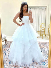 Straight Tulle Floor-length Wedding Dress with Cascading Ruffles