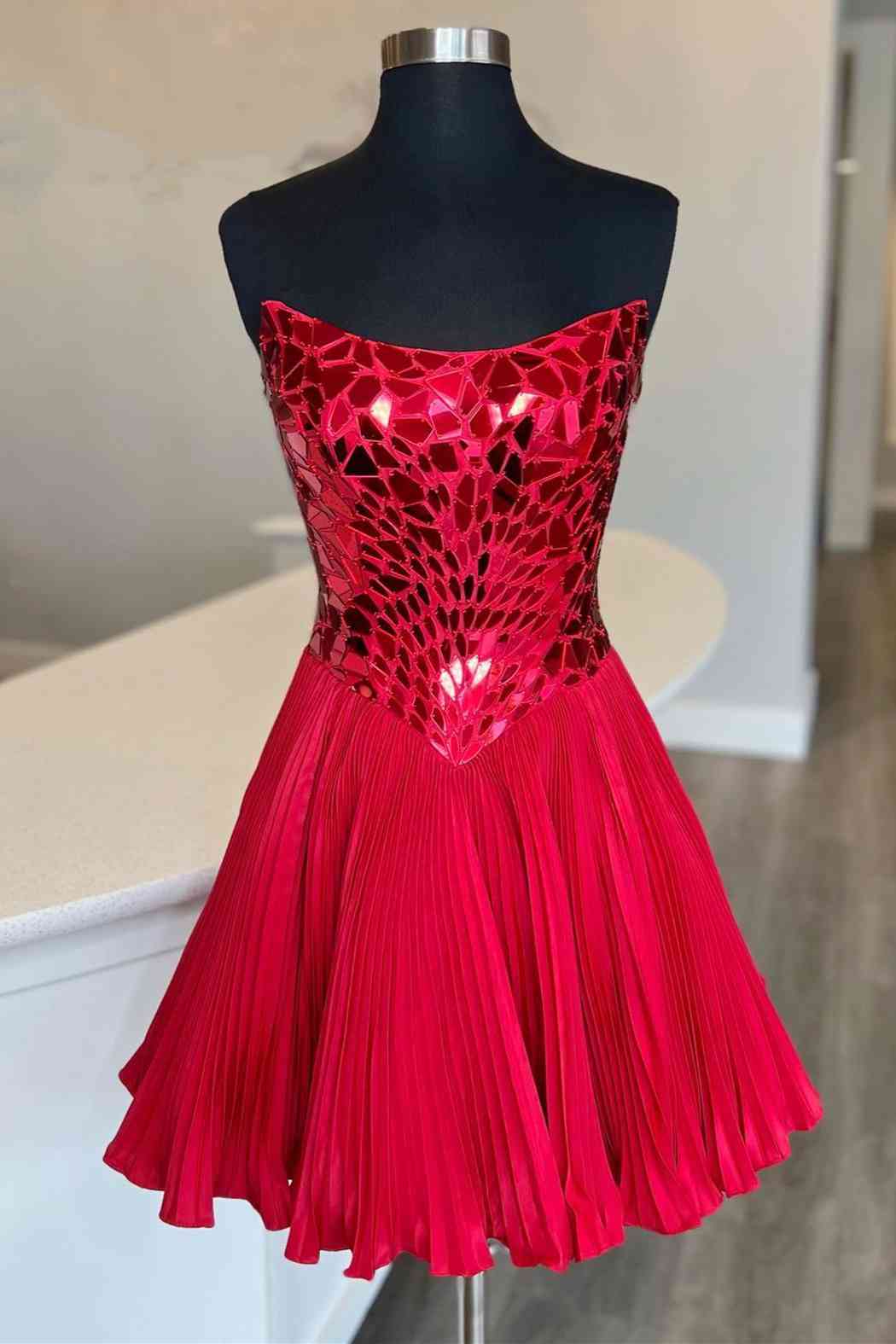 Strapless A-Line Red Sequined Short Homecoming Dress-27dress