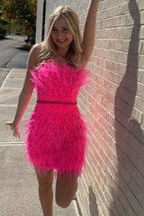 Strapless Blue Feathers Sheath Homecoming Dress with Belt-27dress