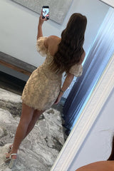 Strapless Gold Balloon Sleeves Homecoming Dress with Appliques-27dress