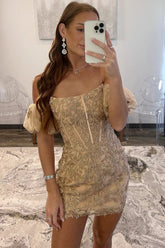 Strapless Gold Balloon Sleeves Homecoming Dress with Appliques-27dress