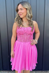 Strapless Hot Pink Applique Homecoming Dress