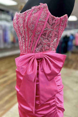 Strapless Hot Pink Appliques Ruched Homecoming Dress with Bow