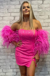 Strapless Hot Pink Feathered Sleeves Sheath Homecoming Dress-27dress