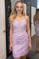 Strapless Lavender Lace Sheath Short Homecoming Dress