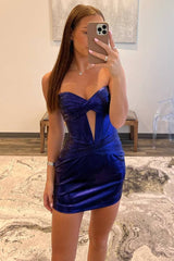 Strapless Metallic Keyhole Ruched Tight Homecoming Dress-27dress