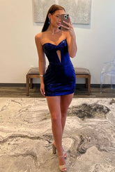 Strapless Metallic Keyhole Ruched Tight Homecoming Dress-27dress