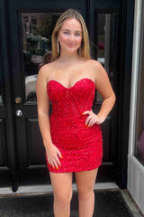 Strapless Red Sequin Short Homecoming Dress