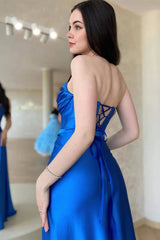 Strapless Royal Blue Sleeveless High Waist Pleated Prom Dress With Split