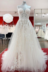 Strapless Ruffles Tulle Lace Ivory A-Line Wedding Dresses-27dress