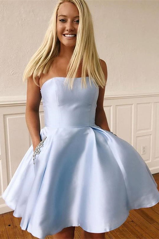 Strapless Short Light Blue Homecoming Dress with Beaded Pockets-27dress