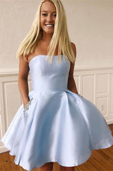 Strapless Short Light Blue Homecoming Dress with Beaded Pockets-27dress