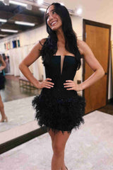 Strapless Sky Blue Sheath Short Homecoming Dress with Feathers-27dress