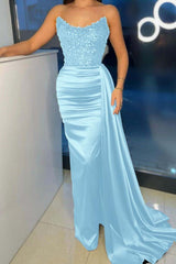 Strapless Sleeveless Long Mermaid Prom Dress With Beading Pleated