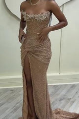 Strapless Sleeveless Long Mermaid Prom Dress With Sequins Split