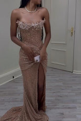 Strapless Sleeveless Long Mermaid Prom Dress With Sequins Split