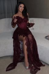 Strapless Sleeveless Long Mermaid Prom Dress With Split Lace