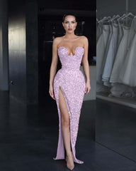 Strapless Sleeveless Long Mermaid Split Prom Dress With Sequins