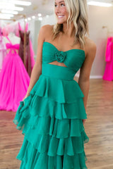 Strapless Sleeveless Long Split Prom Dress With Pleated Ruffles
