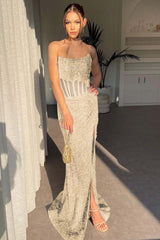 Strapless Sleeveless Mermaid Long Split Prom Dress With Sequins