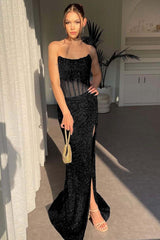 Strapless Sleeveless Mermaid Long Split Prom Dress With Sequins