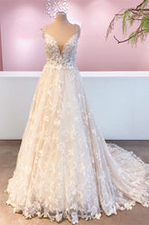 Straps Beadings Wedding Dress V-Neck Bridal Gowns With Appliques-27dress