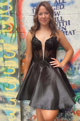 Spaghetti Straps Plunging Neck Black Short Party Dress-27dress