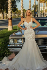 Straps Sleeveless Mermaid Wedding Dress Long With Lace Appliques-27dress