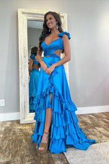 Straps Sleeveless Open Back Long Ruffles Prom Dress With Split