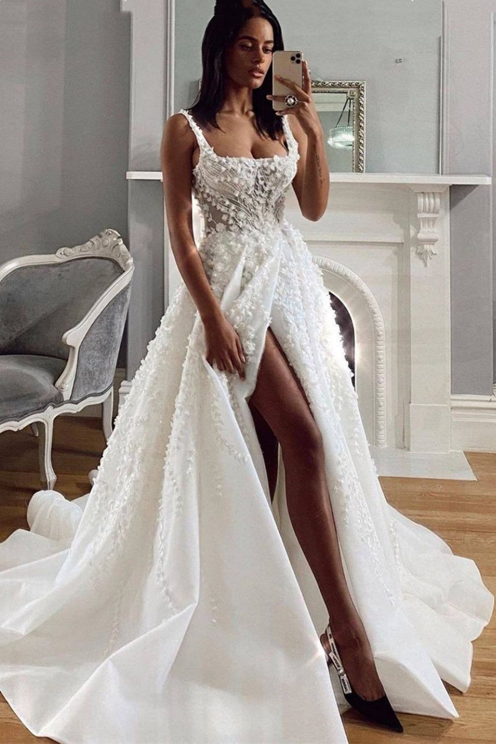 Straps Sleeveless Wedding Dress Split With Appliques-27dress