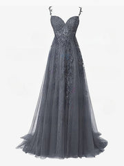 Stunning A-line Sweetheart Tulle Prom Dress with Sweep Train and Beading