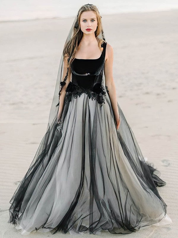 Stunning Beaded Tulle Wedding Dress with Square Neckline and Sweep Train