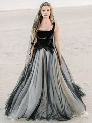 Stunning Beaded Tulle Wedding Dress with Square Neckline and Sweep Train