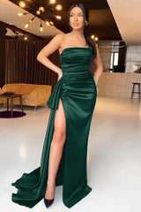 Stunning Black Mermaid Strapless Sleeveless Evening Dress With High Split