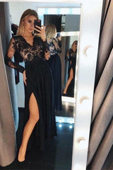 Stunning Black V Neck Long Sleeves A Line Split Prom Dress With Embroidery