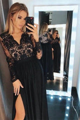 Stunning Black V Neck Long Sleeves A Line Split Prom Dress With Embroidery