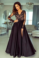 Stunning Black V Neck Long Sleeves A Line Split Prom Dress With Embroidery