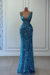 Stunning Blue Sleeveless Sequins V Neck Long Mermaid Prom Dress For Party