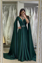 Stunning Dark Green A Line V Neck Long Beadings Prom Dress With Ruffles