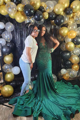Stunning Dark Green Strapless Sleeveless Mermaid Beaded Prom Dress with Appliques