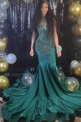 Stunning Dark Green Strapless Sleeveless Mermaid Beaded Prom Dress with Appliques