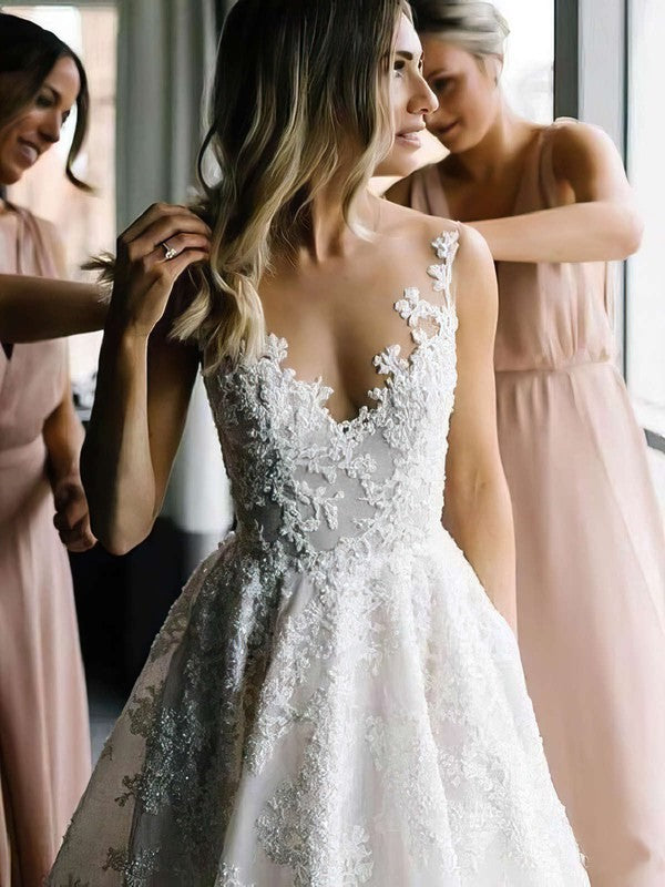 Stunning Illusion Lace Ball Gown Wedding Dress with Pockets