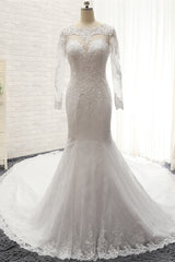 Stunning Jewel Long Sleeves Tulle Lace Wedding Dress Mermaid Jewel Appliques Bridal Gowns On Sale-27dress