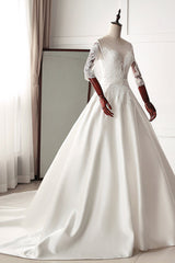 Stunning Jewel Satin Tulle White Wedding Dress Half Sleeves Appliques Bridal Gowns Online-27dress